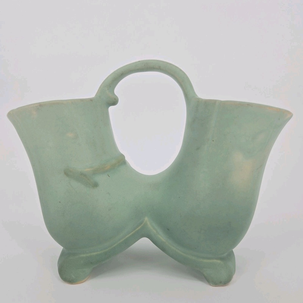 Vintage Weller Wild Rose Double Vase Matte Green Pink Floral Art Pottery 1930s - Picture 2 of 10